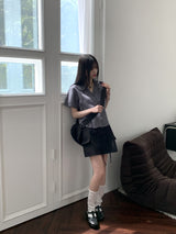 バオポケットVネックオープンカラークロップド半袖シャツ / Bao pocket V-neck open collar cropped short-sleeved shirt