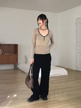 Zenki Vintage Button Ribbed Slim V-Neck T-Shirt