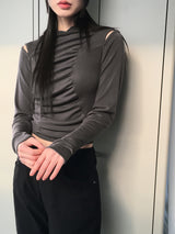 シャーリングショルダースリットフードTシャツ