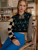 Checkboard Sleeve Zip-Up Knit