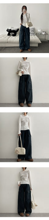 【ショート・ベーシック・ロング/S-2XL】ディゴバックバンディングワイドデニムカーゴパンツ