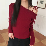 Listy オフショルダー リボン ストラップ リブクロップ 長袖ニット