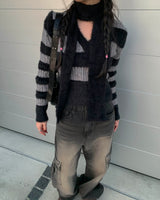Crop stripe muffler knit set