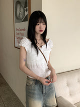 ローバエンボスパールボタン半袖ブラウス / Roba Embossed Pearl Button Short Sleeve Blouse