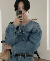 カラーレスデニムジャケット/Collarless denim jacket
