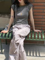 ショルダースリットリボンストラップクロップ半袖Tシャツ/Tino shoulder slit ribbon strap crop short sleeve T-shirt