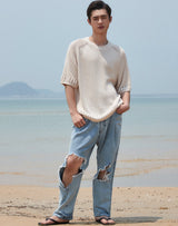 オーバーサイズ フィッシュネット ディテール SS スウェット / OVERSIZED FISHNET DETAIL SS SWEATER IVORY