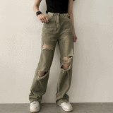 Deep washing damage color denim wide pants