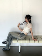 ティルダスカーフシースルー斜めクロップ半袖Tシャツセット / 【SET】Tilda Scarf See-Through Diagonal Crop Short Sleeve T-Shirt Set