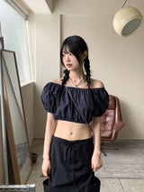 ミネンデニムオフショルダークロップド半袖ブラウス / Minen Denim Off Shoulder Cropped Short Sleeve Blouse