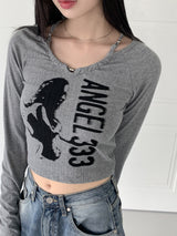 フックルビーズホルターストラッププリント長袖Tシャツ / hook beaded halter thong print long sleeve t-shirt
