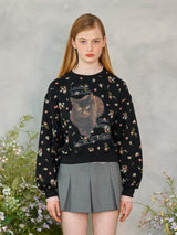 フラワーキャットレタリングスウェットシャツ / Flower Cat Lettering Sweatshirt (Black)