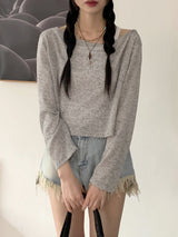 リードリネンボートネックビーチウェアクロップド長袖Tシャツ / Reid linen boat neck beach wear cropped long-sleeved T-shirt