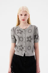 チェリージャカードパターンショートスリーブカーディガン / CHERRY JACQUARD PATTERN SHORT SLEEVE CARDIGAN [MELANGE GRAY]