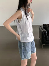 ストライプボタンベストノースリーブブラウス / Banet Stripe Button Vest Sleeveless Blouse