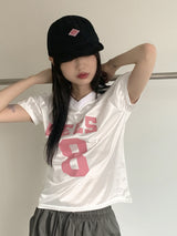 レタリング 半袖 Vネック Tシャツ・カットソー