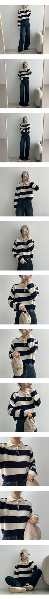 ストライプボタンカラーニットウェア/Color stripe button collar knitwear
