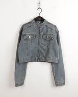 ピーバーツノーカラツーウェイジップクロップドデニムジャケット / Peeverts no-collar two-way zip cropped denim jacket