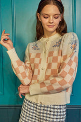 chess flower Jacquard 100%wool cardigan_honeysuckle (6655892029558)