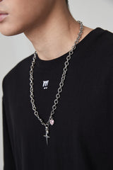 クロスピンクキュービックハートサージカルネックレス / CROSS PINK CUBIC HEART SURGICAL NECKLACE SILVER