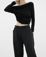 2ウェイボートネックシャーリングTシャツ / Two-way boat neck shirring t-shirt (2color)