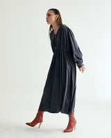V-NECK CREASE SHIRRING ONEPIECE - DARK GRAY (6635995660406)
