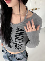 ホックビーズホルタートングプリント長袖Tシャツ / hook beaded halter thong print long sleeve t-shirt