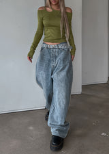 (UNISEX) ピーナッツラインワイドデニムパンツ