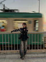 Crop stripe muffler knit set