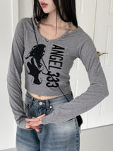 ホックビーズホルタートングプリント長袖Tシャツ / hook beaded halter thong print long sleeve t-shirt