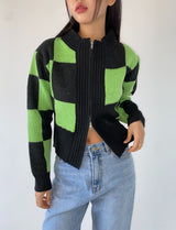 グリーンチェックニットジップアップ/green check knit zip-up