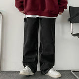 [fleece] straight side belt stitch black denim pants