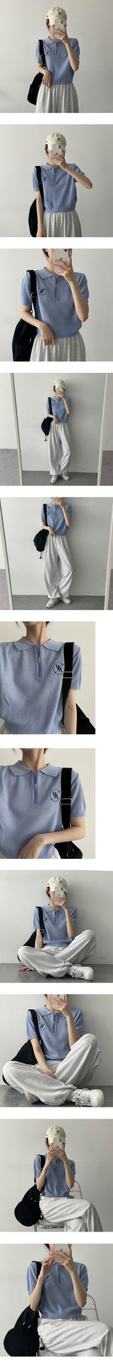 エンブロイダリーバンディングジップアップショートスリーブ ニットウェア / WM embroidery banding zip-up short-sleeved knitwear