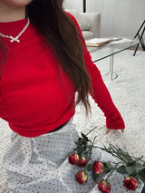 Apple red shirring long sleeve knit