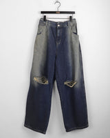 Tiso Damage Back-Banding Washed Denim Long Wide Pants