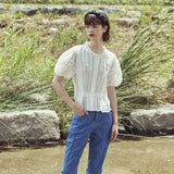 ラッフルレーストラックブラウス/[LINE] Ruffle Lace Tuck Blouse