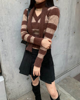 Crop stripe muffler knit set