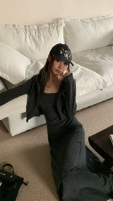 Charcoal hooded zip-up one-piece set