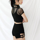 レイヤードメッシュショートスリーブクロップ / TOP(6631) Layered Mesh Short Sleeve Crop