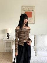 Iku striped button slit off-shoulder long sleeve T-shirt