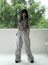 テユストリングシャーリングリネンチェックフードシャツカミス / Teyu String Shirring Linen Check Hooded Shirt Camis