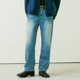 STRAIGHT DOUBLE KNEE WASHED DENIM PANTS BLUE