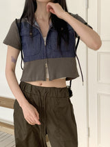 S-ヤングワッフルデニムカラーリングツーウェイクロップ半袖ジップアップ/S-young waffle denim coloring two-way crop short-sleeved zip-up