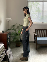 マーブルボタンポケットAラインロングデニムスカート/Muffled button pocket A-line long denim skirt