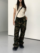 ポッケルヒップカモミリタリーバンディングワイドカーゴパンツ/ Pockel Hip Camo Military Banding Wide Cargo Pants