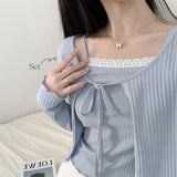 Mimi Ribbon V-Neck Lace Sleeveless + Cardigan Set (3 colors)