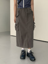 コットンポケットカーゴストリングバックオープンバンディングロングスカート /Mark cotton pocket cargo string back open banding long skirt