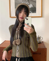 Chinco Green Striped Strap Crop Long Sleeve Cardigan