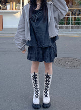 モリガールコットンデニムリボンスリーブレス / Morigirl cotton denim ribbon sleeveless