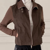 Tatter ribbed coloring belt two-way crop zip-up jacket